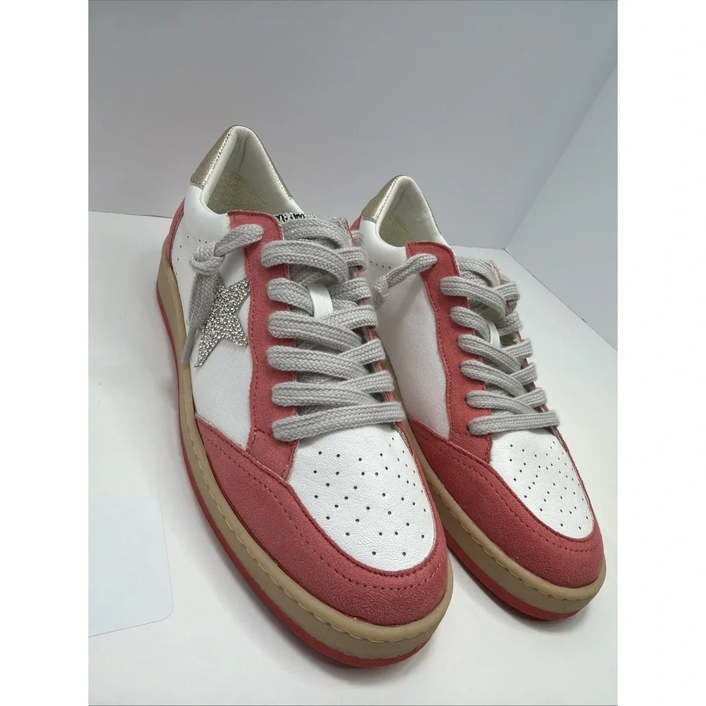 Mimi Women's Avery Leather Sneaker White/Salmon Pink with Sparkly Star Size 9